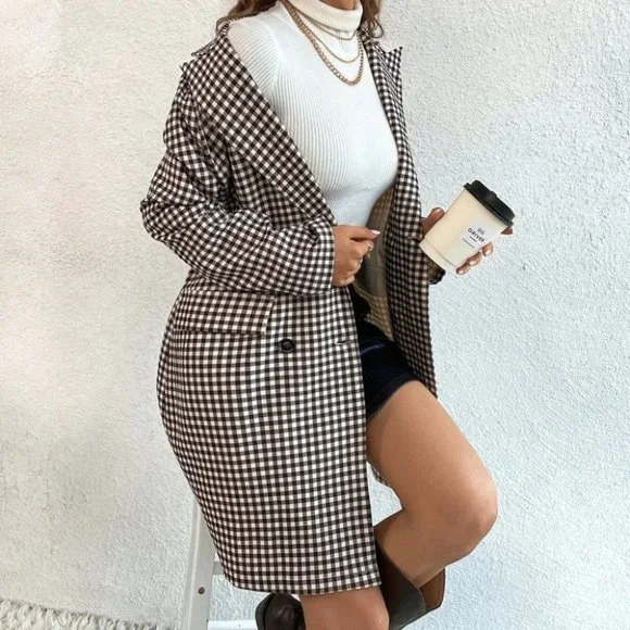 BLACK GINGHAM PRINT BLAZER CHIC CLASSY BUSINESS CASUAL STREETWEAR - Picture 4 of 12